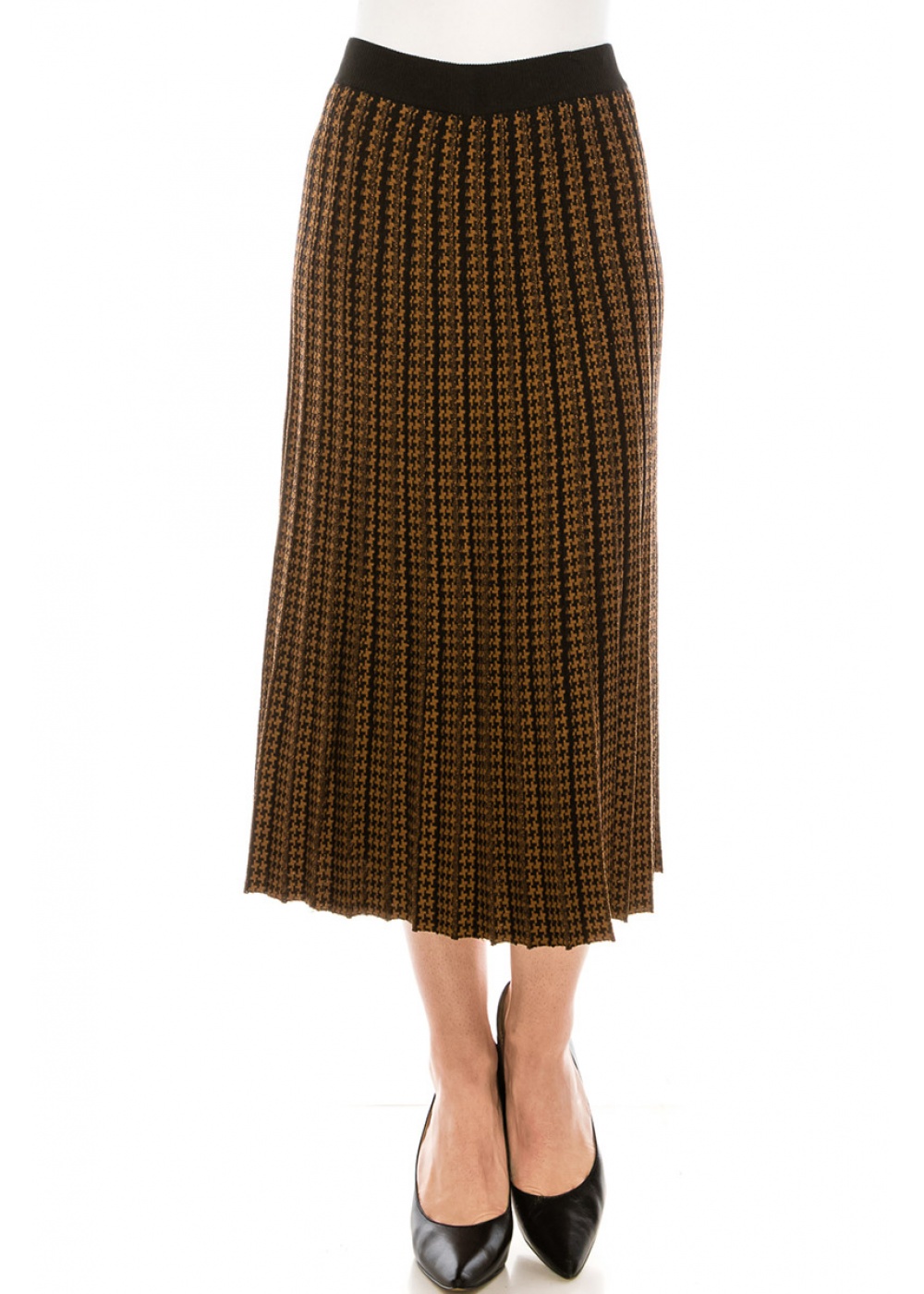 Houndstooth knit pleated skirt in rust